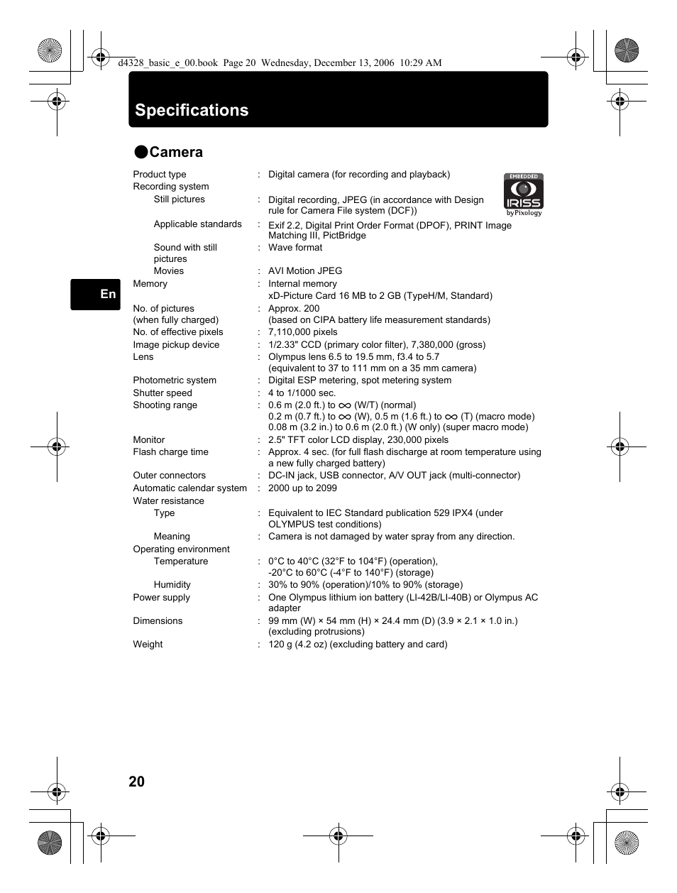 Specifications, Camera | Olympus µ 760 User Manual | Page 20 / 132