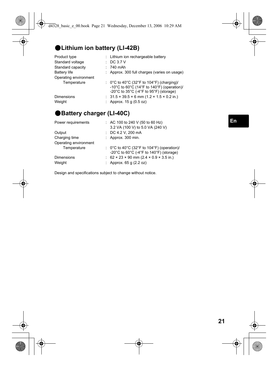 Lithium ion battery (li-42b), Battery charger (li-40c) | Olympus µ 760 User Manual | Page 21 / 132