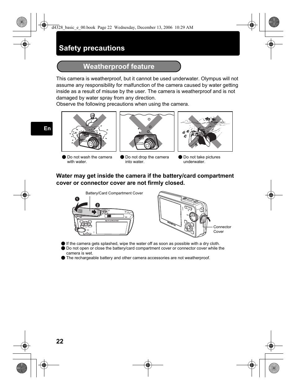 Safety precautions, Weatherproof feature | Olympus µ 760 User Manual | Page 22 / 132