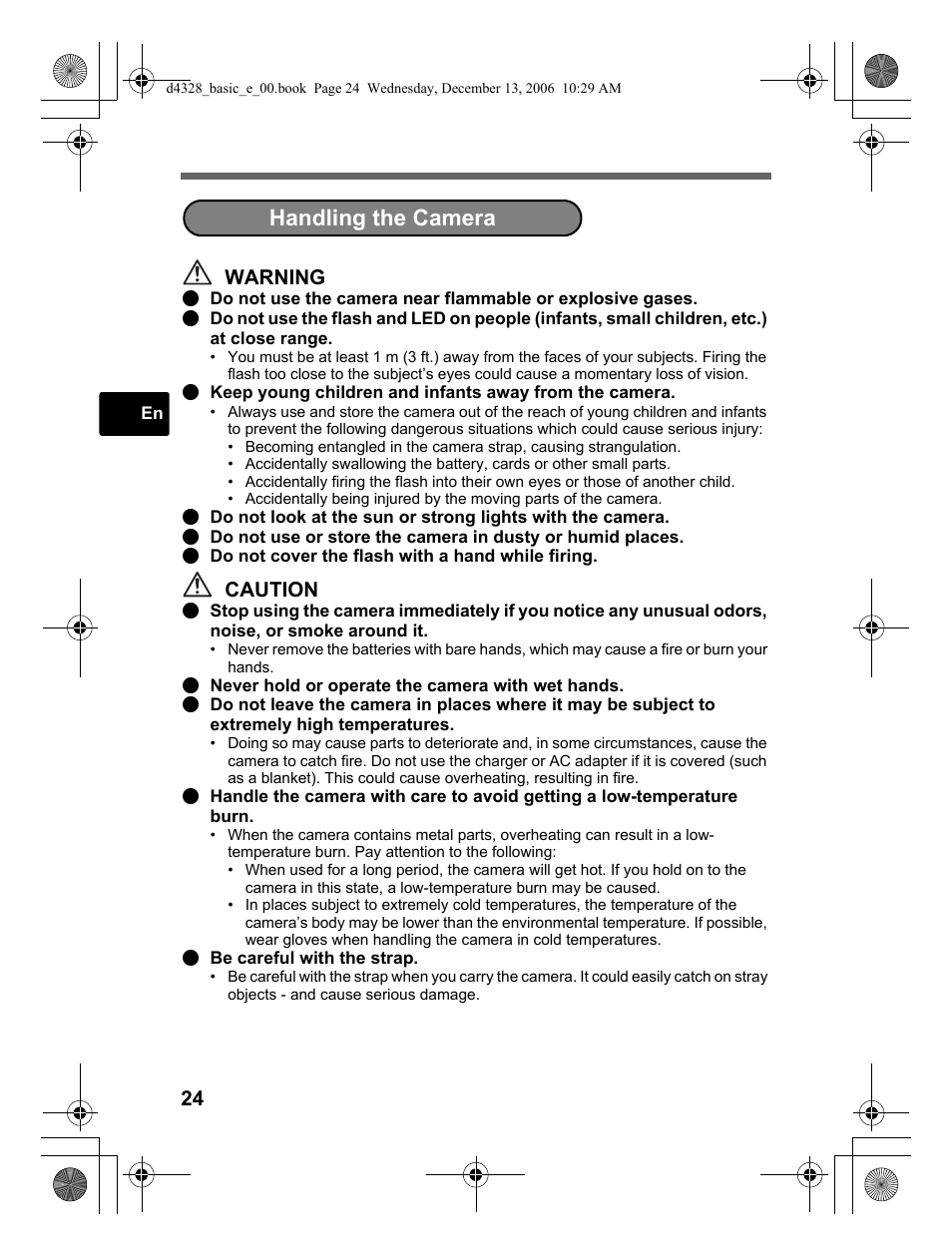 Handling the camera, Warning, Caution | Olympus µ 760 User Manual | Page 24 / 132