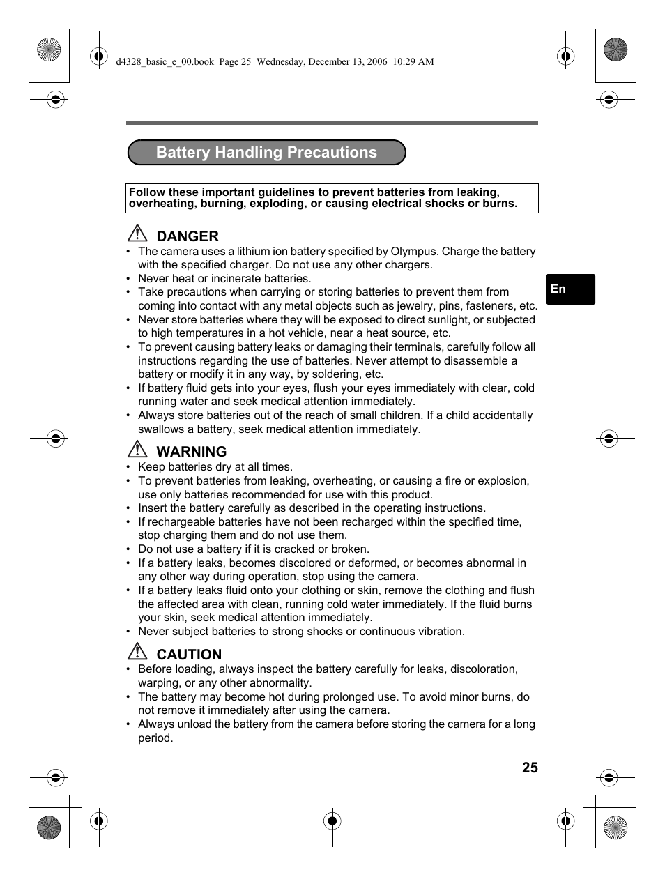 Battery handling precautions | Olympus µ 760 User Manual | Page 25 / 132