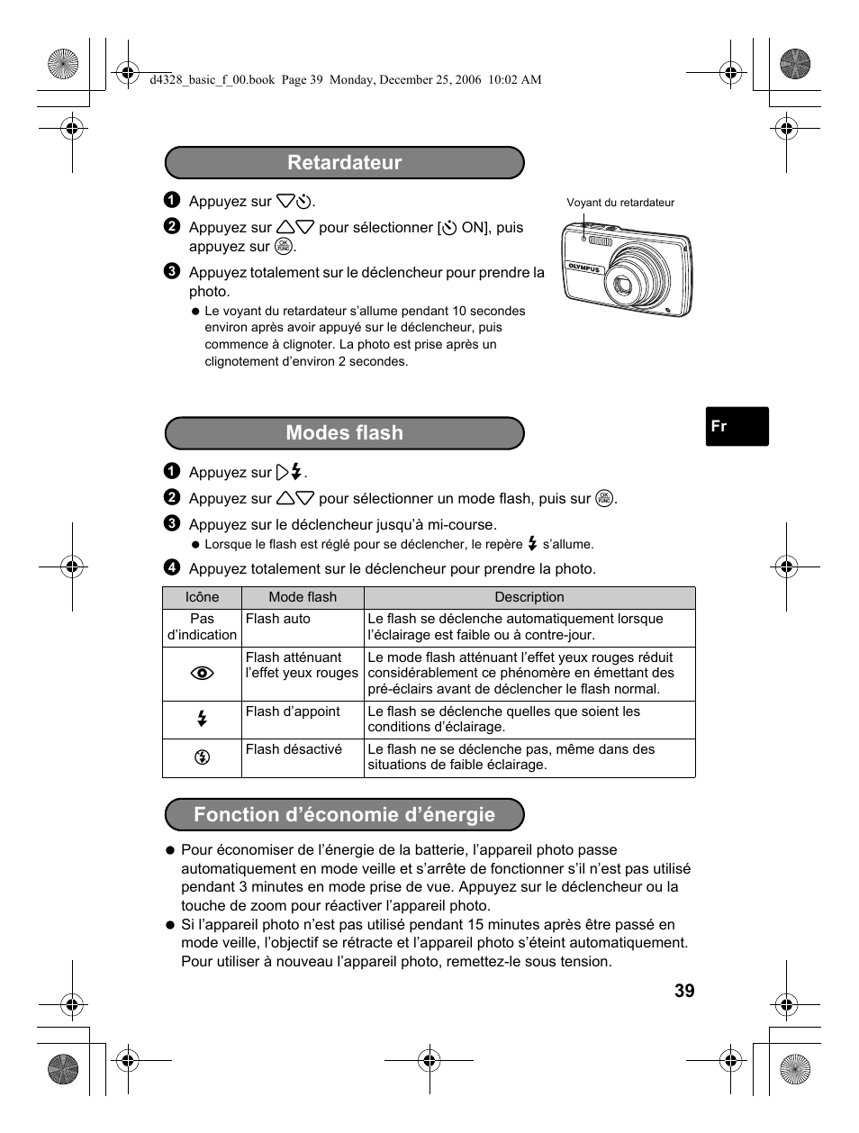 Retardateur, Modes flash fonction d’économie d’énergie | Olympus µ 760 User Manual | Page 39 / 132