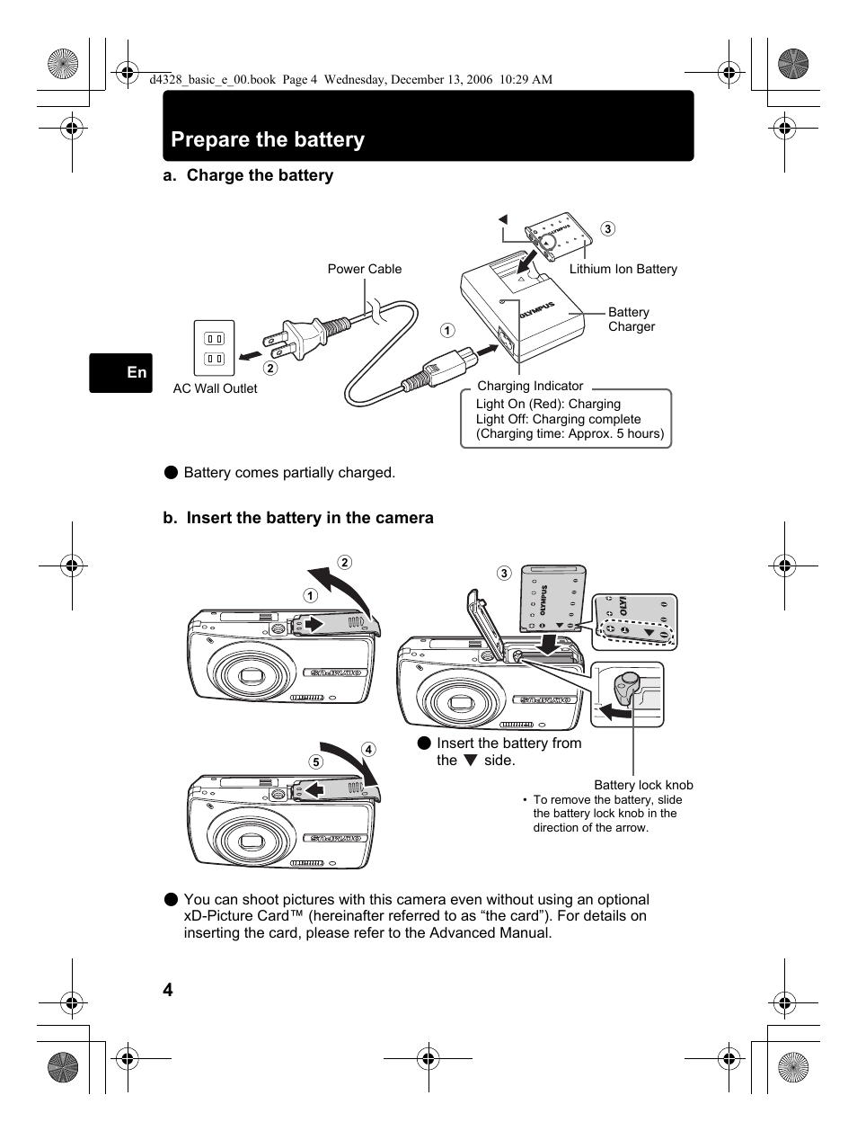 Prepare the battery | Olympus µ 760 User Manual | Page 4 / 132