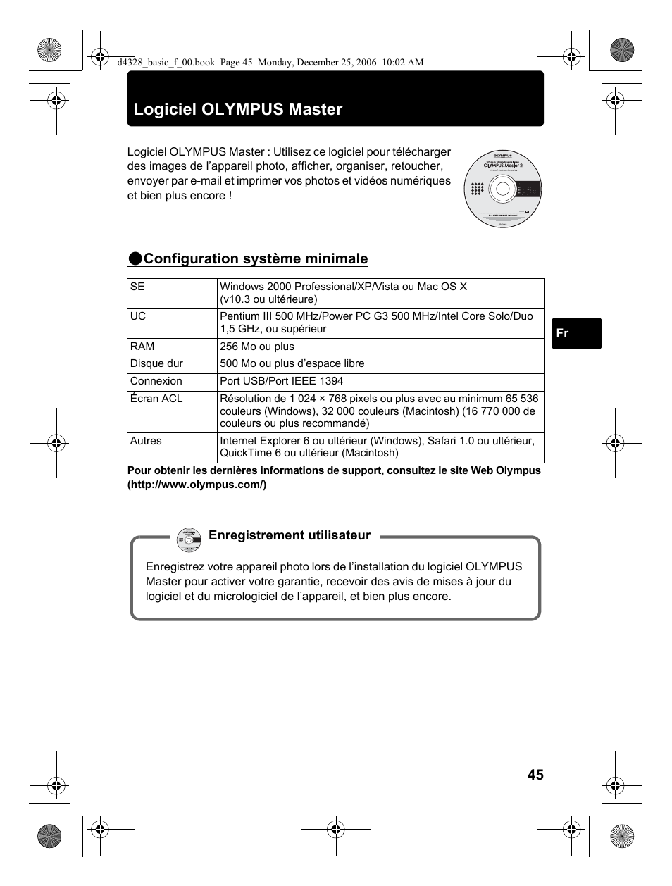 Logiciel olympus master, Configuration système minimale | Olympus µ 760 User Manual | Page 45 / 132
