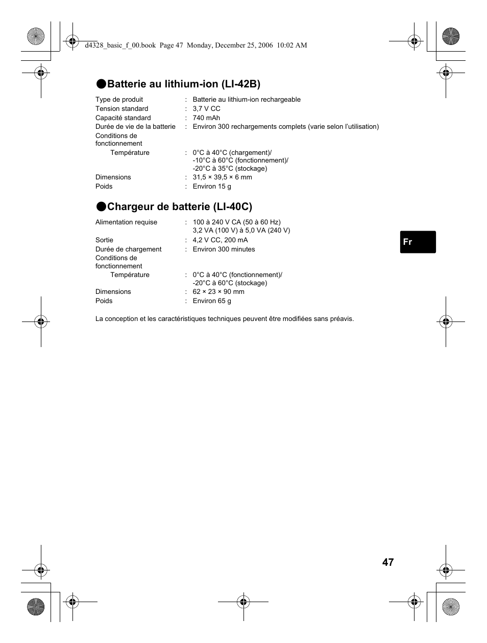 Batterie au lithium-ion (li-42b), Chargeur de batterie (li-40c) | Olympus µ 760 User Manual | Page 47 / 132