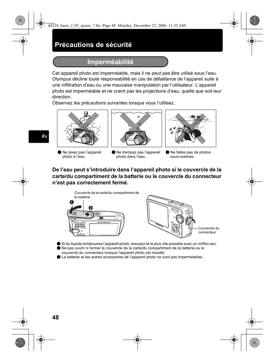 Précautions de sécurité, Imperméabilité | Olympus µ 760 User Manual | Page 48 / 132