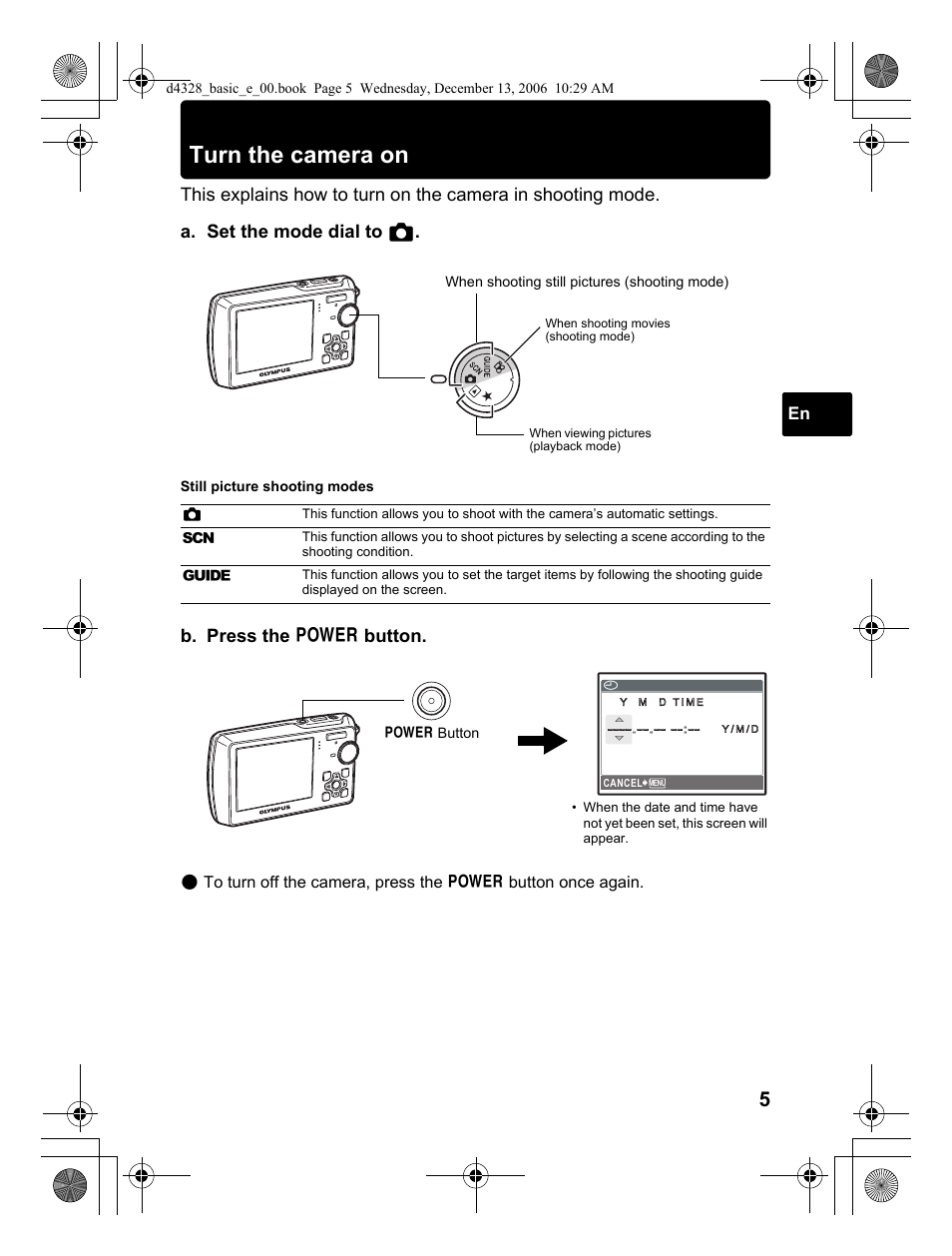 Turn the camera on, B. press the o button | Olympus µ 760 User Manual | Page 5 / 132