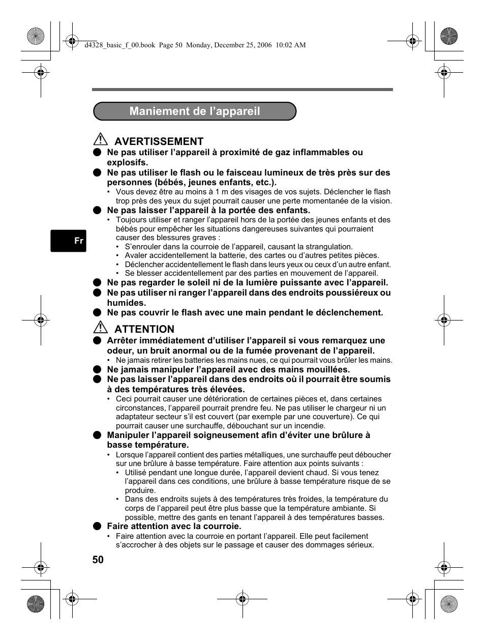 Maniement de l’appareil, Avertissement, Attention | Olympus µ 760 User Manual | Page 50 / 132