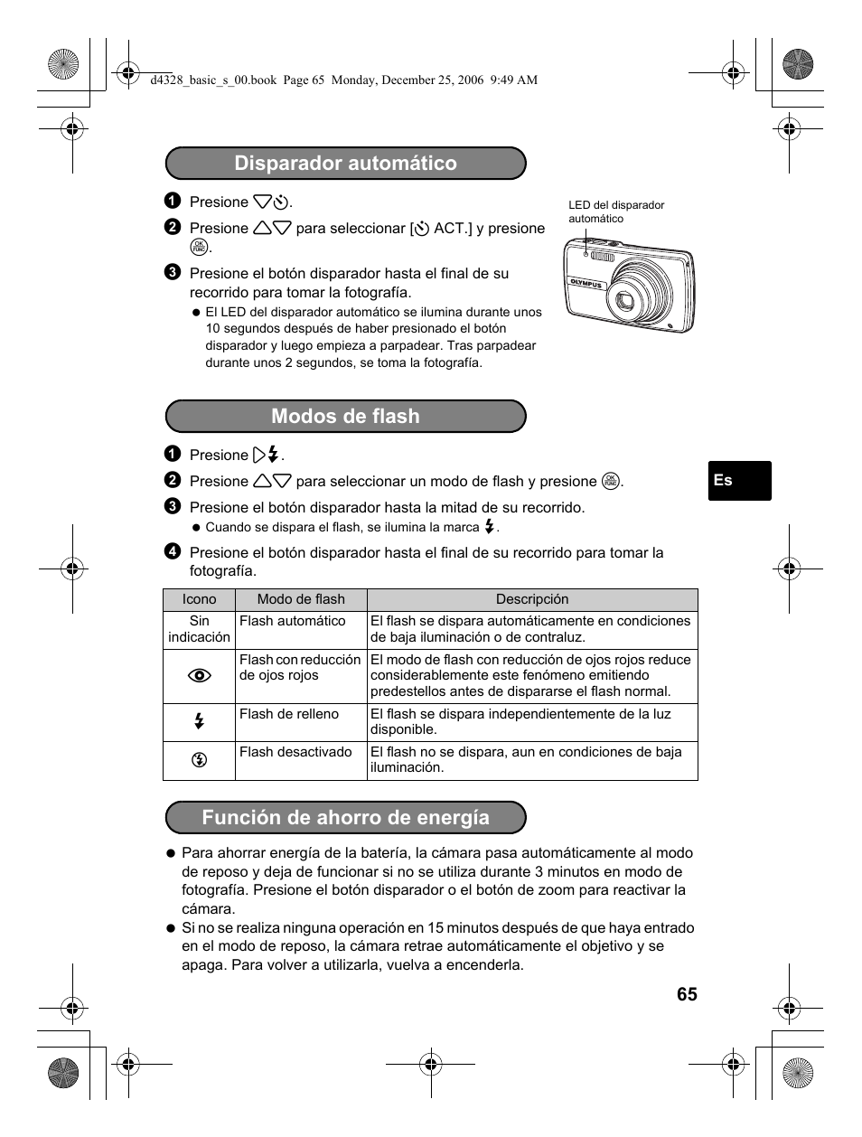 Disparador automático, Modos de flash función de ahorro de energía | Olympus µ 760 User Manual | Page 65 / 132
