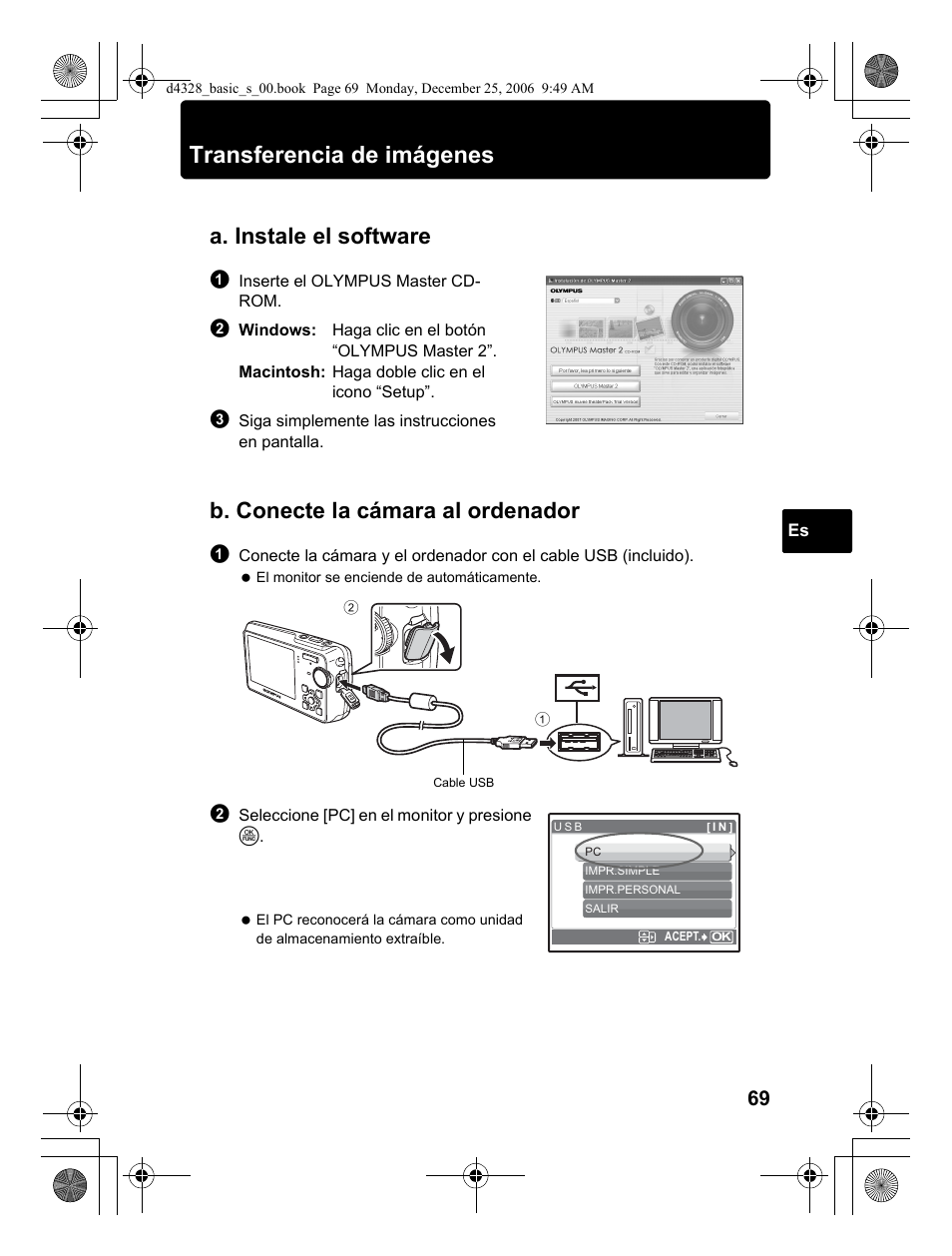 Transferencia de imágenes, A. instale el software, B. conecte la cámara al ordenador | Olympus µ 760 User Manual | Page 69 / 132