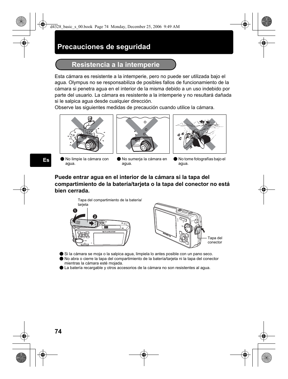 Precauciones de seguridad, Resistencia a la intemperie | Olympus µ 760 User Manual | Page 74 / 132