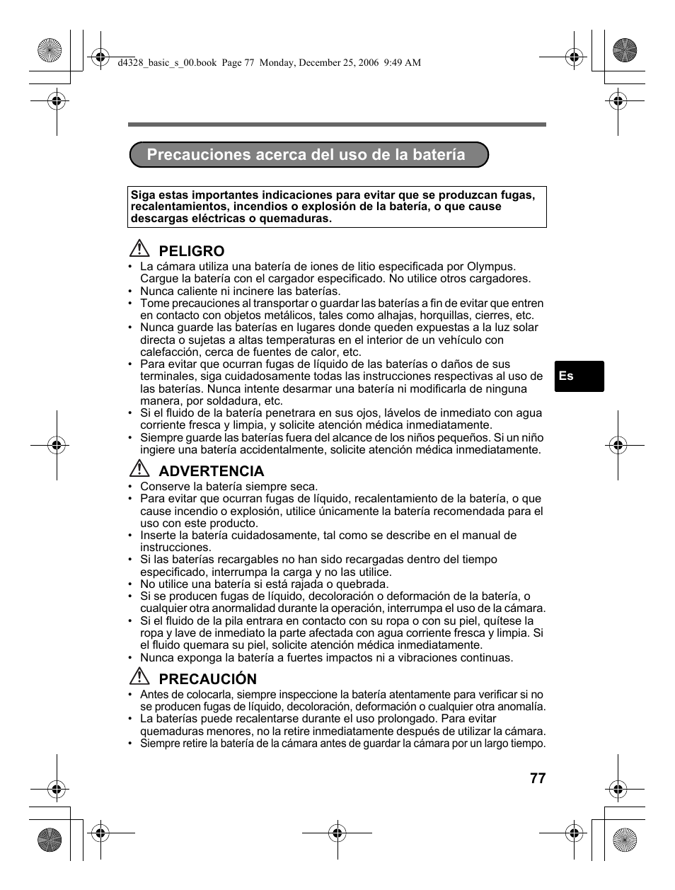 Precauciones acerca del uso de la batería, Peligro, Advertencia | Precaución | Olympus µ 760 User Manual | Page 77 / 132