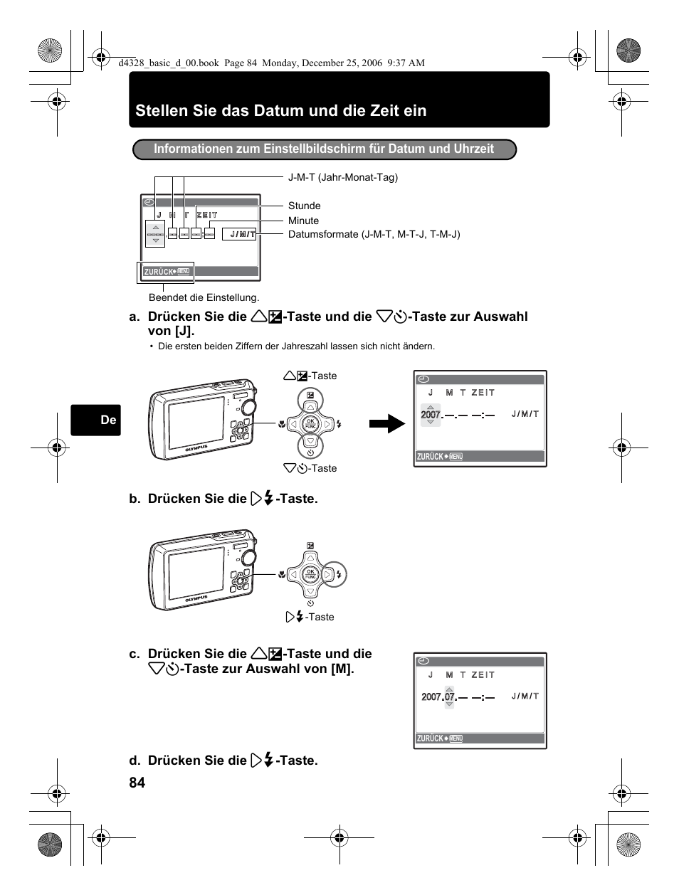 Stellen sie das datum und die zeit ein | Olympus µ 760 User Manual | Page 84 / 132