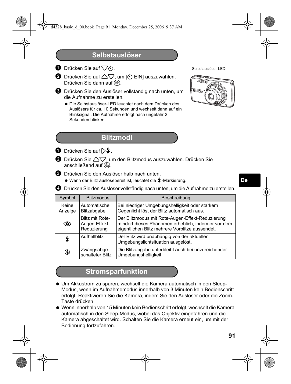 Selbstauslöser, Blitzmodi stromsparfunktion | Olympus µ 760 User Manual | Page 91 / 132
