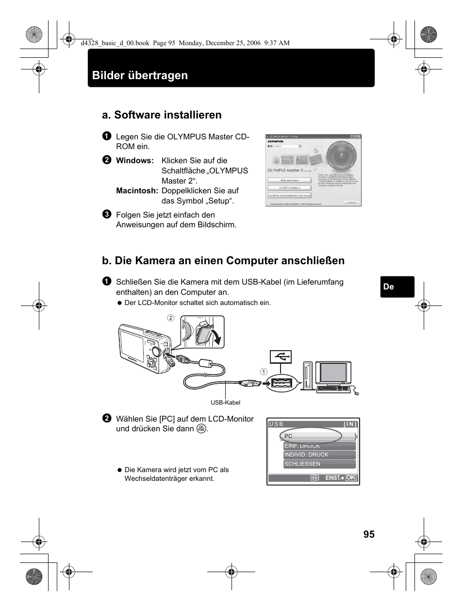 Bilder übertragen, A. software installieren, B. die kamera an einen computer anschließen | Olympus µ 760 User Manual | Page 95 / 132