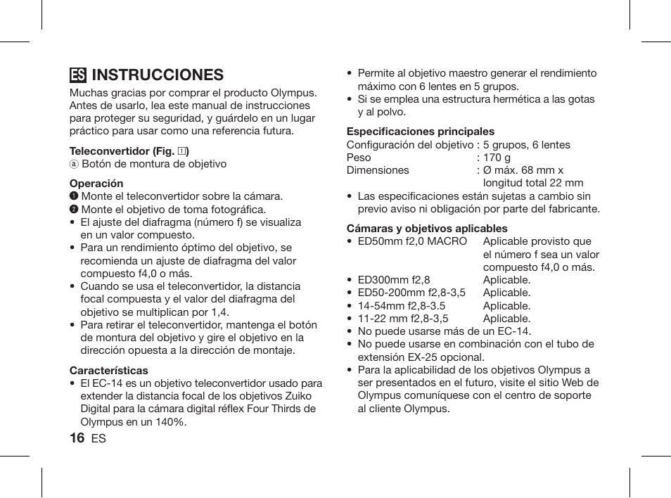 Instrucciones | Olympus ZUIKO DIGITAL 1.4x Telekonverter EC-14 User Manual | Page 14 / 58