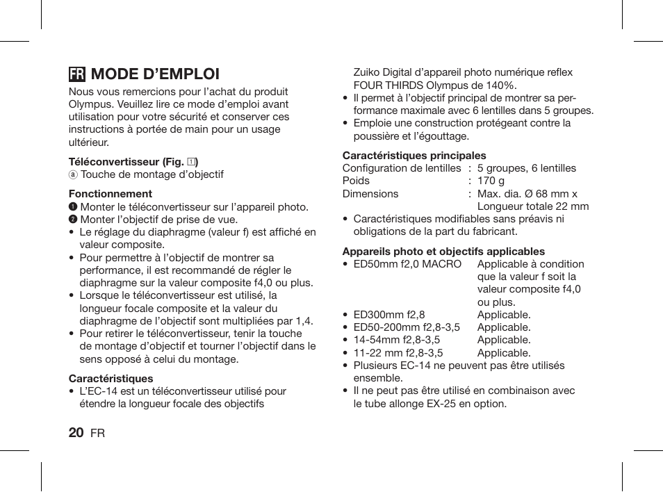 Mode d’emploi | Olympus ZUIKO DIGITAL 1.4x Telekonverter EC-14 User Manual | Page 18 / 58