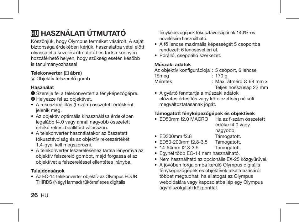 Használati útmutató | Olympus ZUIKO DIGITAL 1.4x Telekonverter EC-14 User Manual | Page 24 / 58