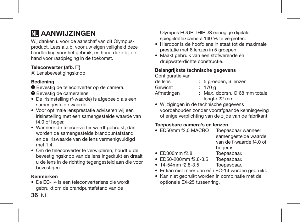 Aanwijzingen | Olympus ZUIKO DIGITAL 1.4x Telekonverter EC-14 User Manual | Page 34 / 58