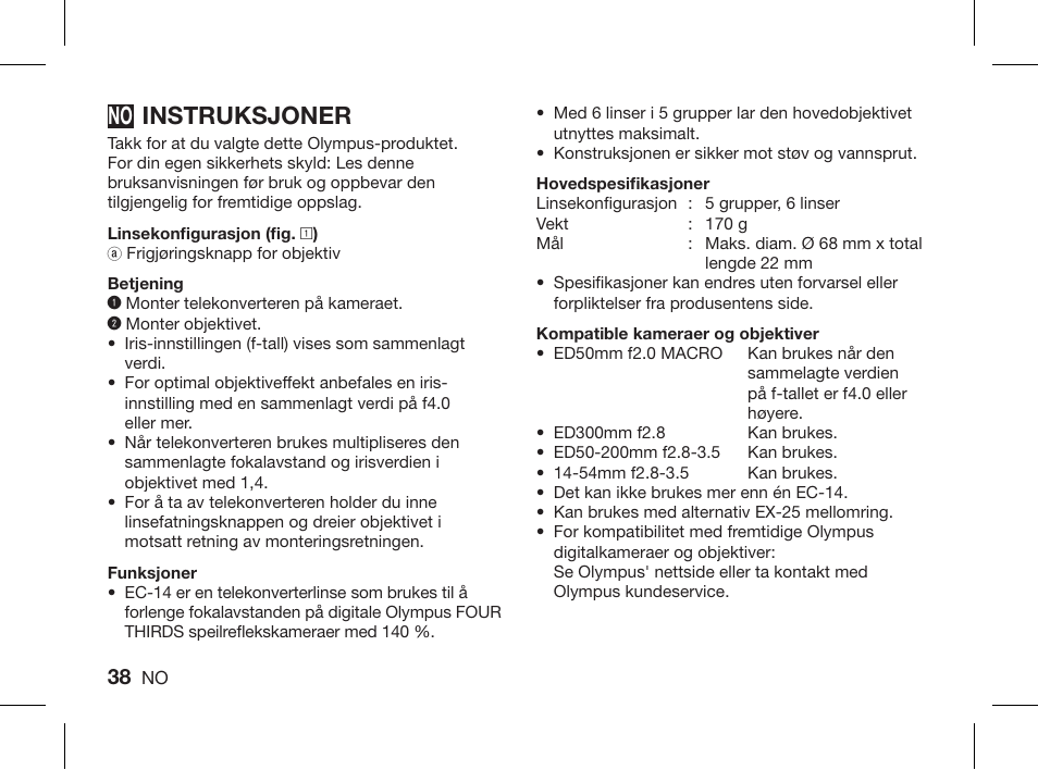 Instruksjoner | Olympus ZUIKO DIGITAL 1.4x Telekonverter EC-14 User Manual | Page 36 / 58