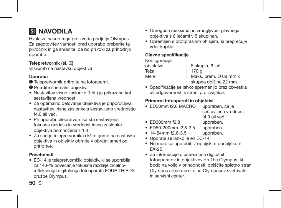 Navodila | Olympus ZUIKO DIGITAL 1.4x Telekonverter EC-14 User Manual | Page 48 / 58