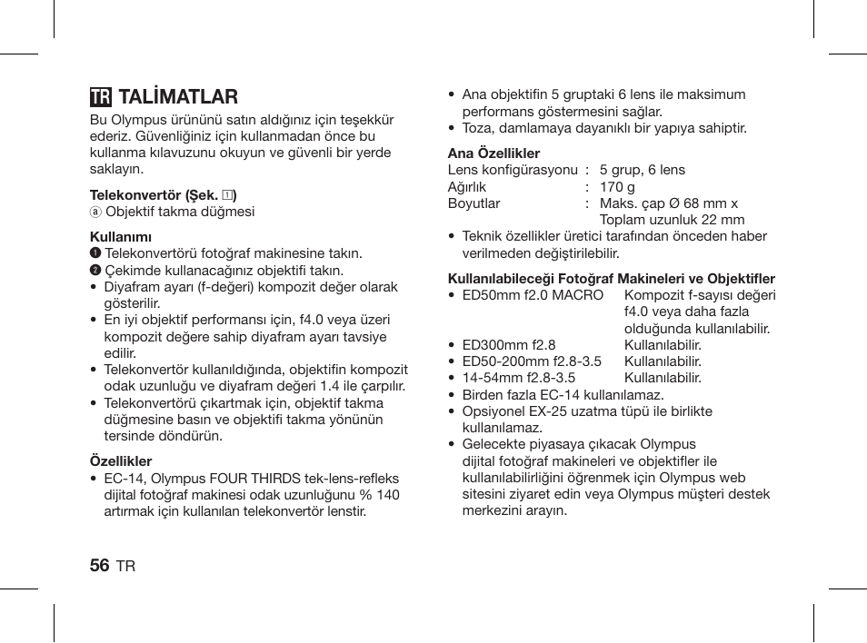 Talimatlar | Olympus ZUIKO DIGITAL 1.4x Telekonverter EC-14 User Manual | Page 54 / 58