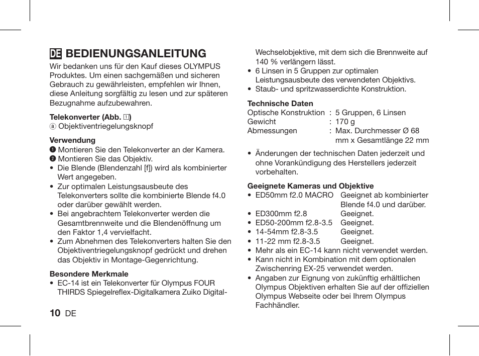 Bedienungsanleitung | Olympus ZUIKO DIGITAL 1.4x Telekonverter EC-14 User Manual | Page 8 / 58