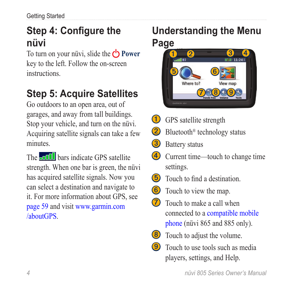 Step 4: configure the nüvi, Step 5: acquire satellites, Understanding the menu page | Garmin nuvi 885T User Manual | Page 10 / 76
