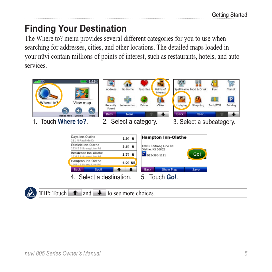 Finding your destination | Garmin nuvi 885T User Manual | Page 11 / 76