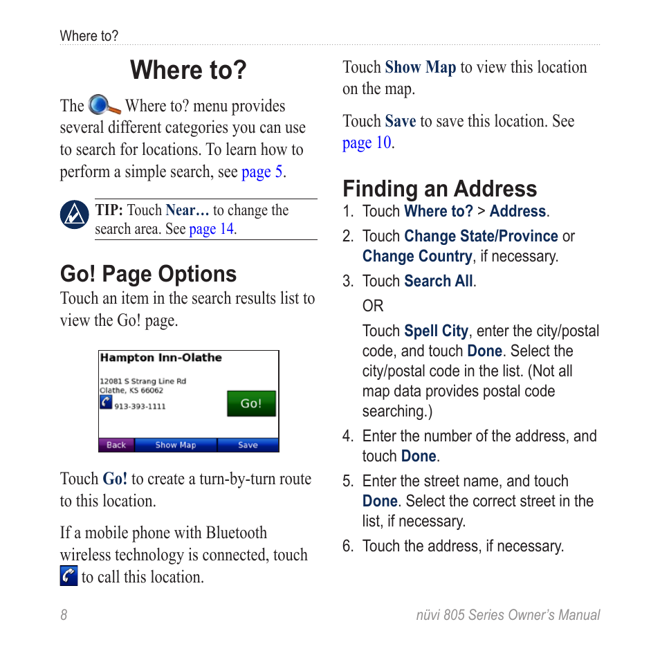 Where to, Finding an address, Go! page options | Garmin nuvi 885T User Manual | Page 14 / 76