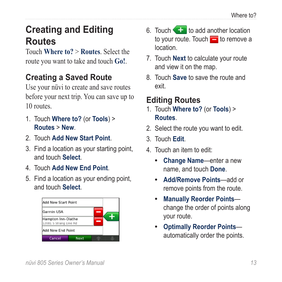 Creating and editing routes, Creating a saved route, Editing routes | Garmin nuvi 885T User Manual | Page 19 / 76