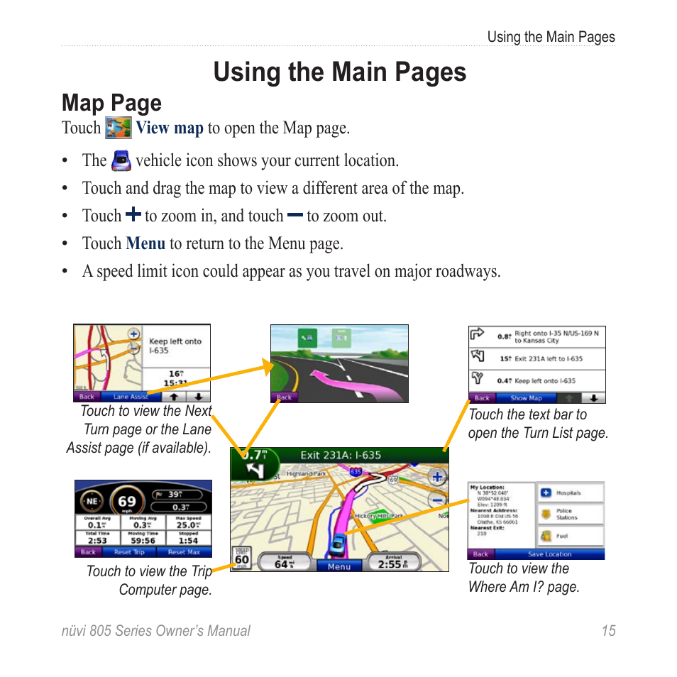 Using the main pages, Map page | Garmin nuvi 885T User Manual | Page 21 / 76