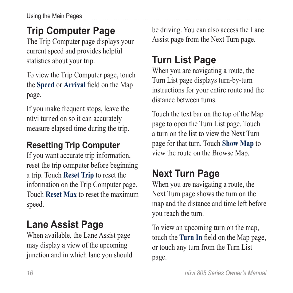 Trip computer page, Lane assist page, Turn list page | Next turn page | Garmin nuvi 885T User Manual | Page 22 / 76