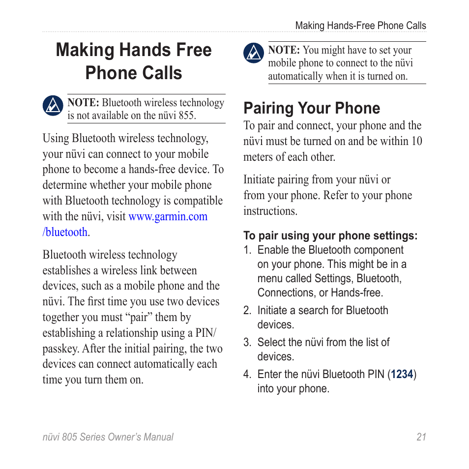 Making hands free phone calls, Pairing your phone, Making hands free phone | Calls | Garmin nuvi 885T User Manual | Page 27 / 76