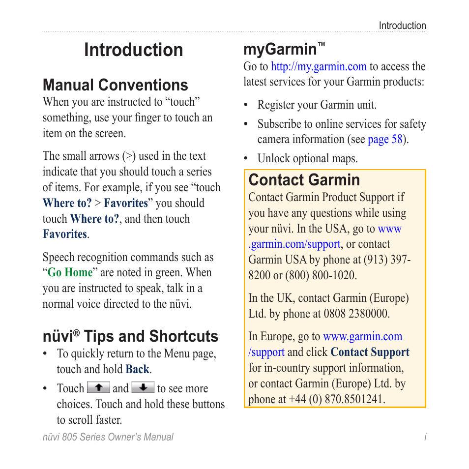 Introduction, Manual conventions, Nüvi® tips and shortcuts | Mygarmin, Contact garmin, Nüvi, Tips and shortcuts | Garmin nuvi 885T User Manual | Page 3 / 76