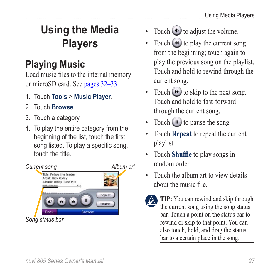 Using the media players, Playing music | Garmin nuvi 885T User Manual | Page 33 / 76