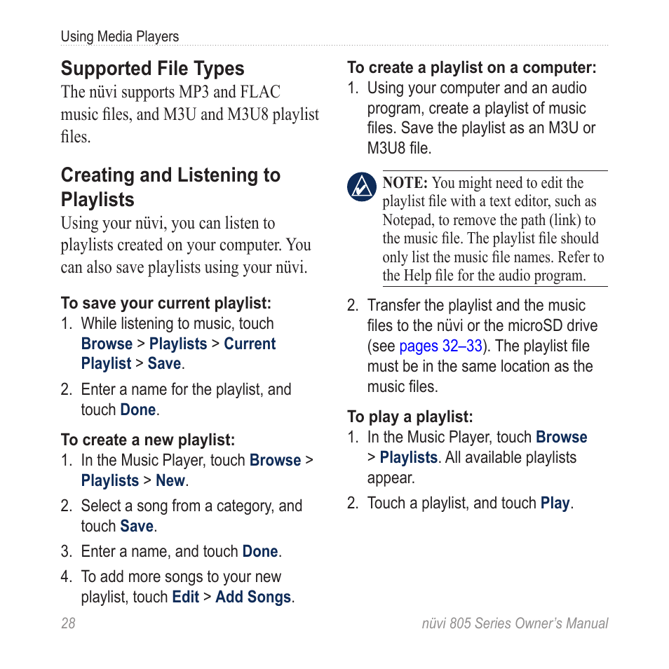 Supported file types, Creating and listening to playlists | Garmin nuvi 885T User Manual | Page 34 / 76