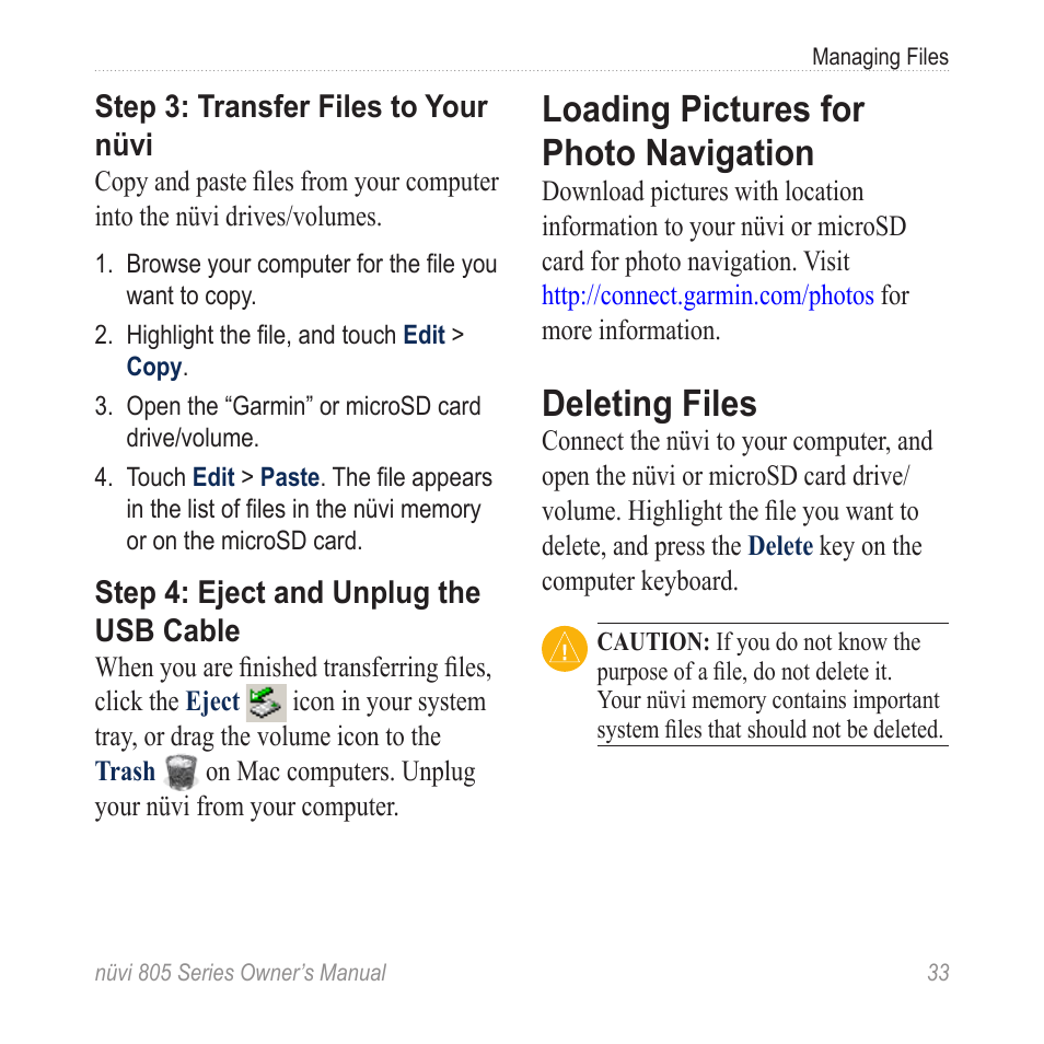 Loading pictures for photo navigation, Deleting files, Loading pictures for photo | Navigation | Garmin nuvi 885T User Manual | Page 39 / 76
