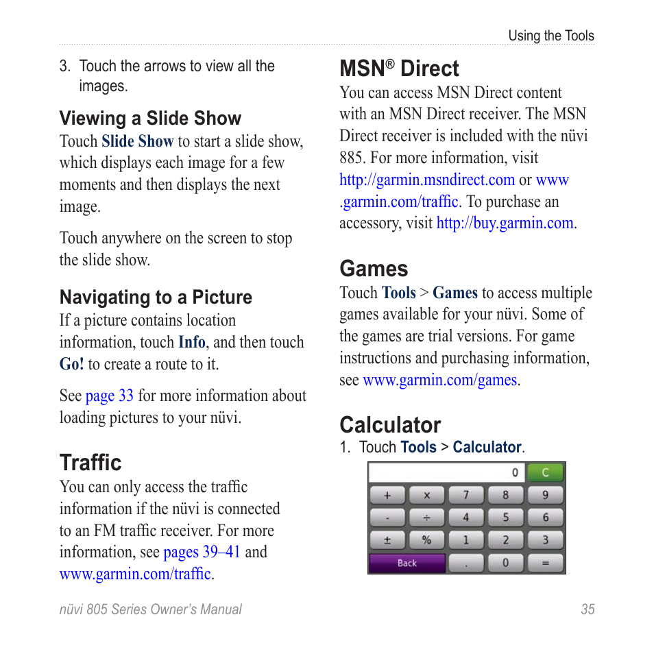 Traffic, Msn® direct, Games | Calculator, Direct | Garmin nuvi 885T User Manual | Page 41 / 76