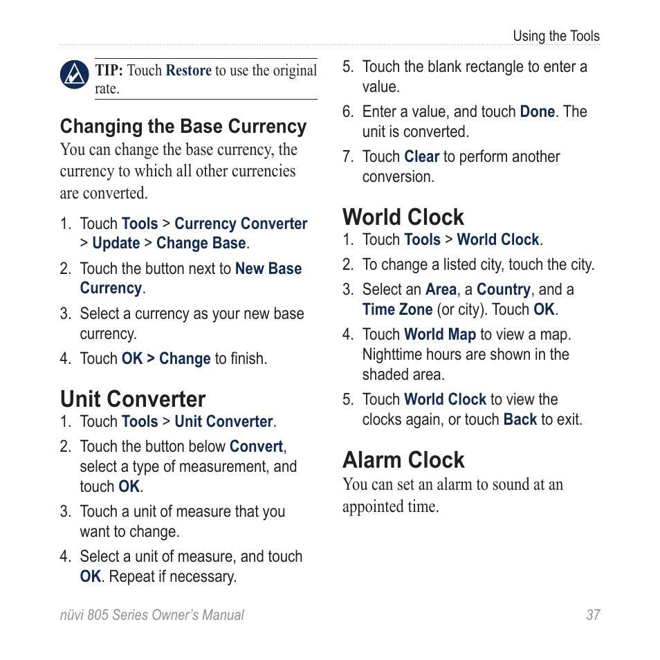 Unit converter, World clock, Alarm clock | Changing the base currency | Garmin nuvi 885T User Manual | Page 43 / 76
