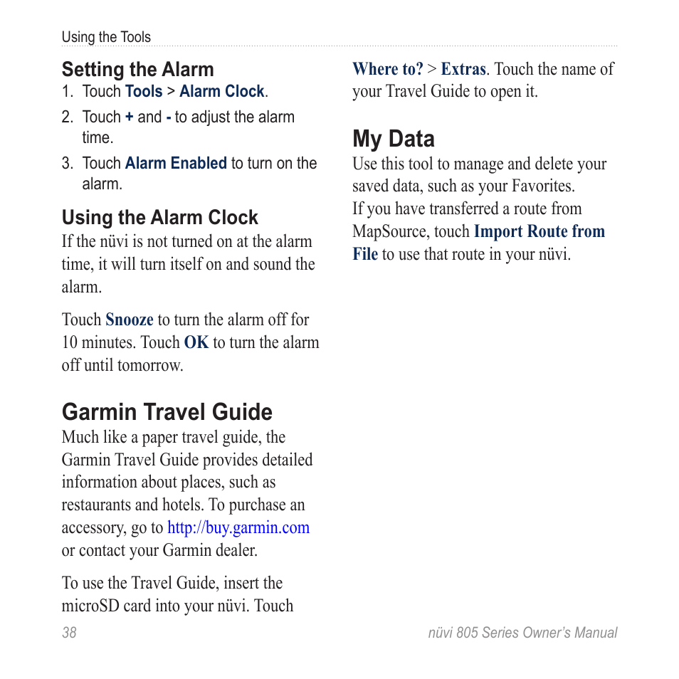 Garmin travel guide, My data | Garmin nuvi 885T User Manual | Page 44 / 76