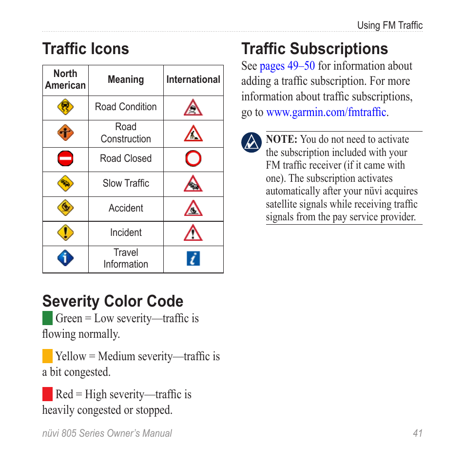 Traffic icons, Severity color code, Traffic subscriptions | Garmin nuvi 885T User Manual | Page 47 / 76