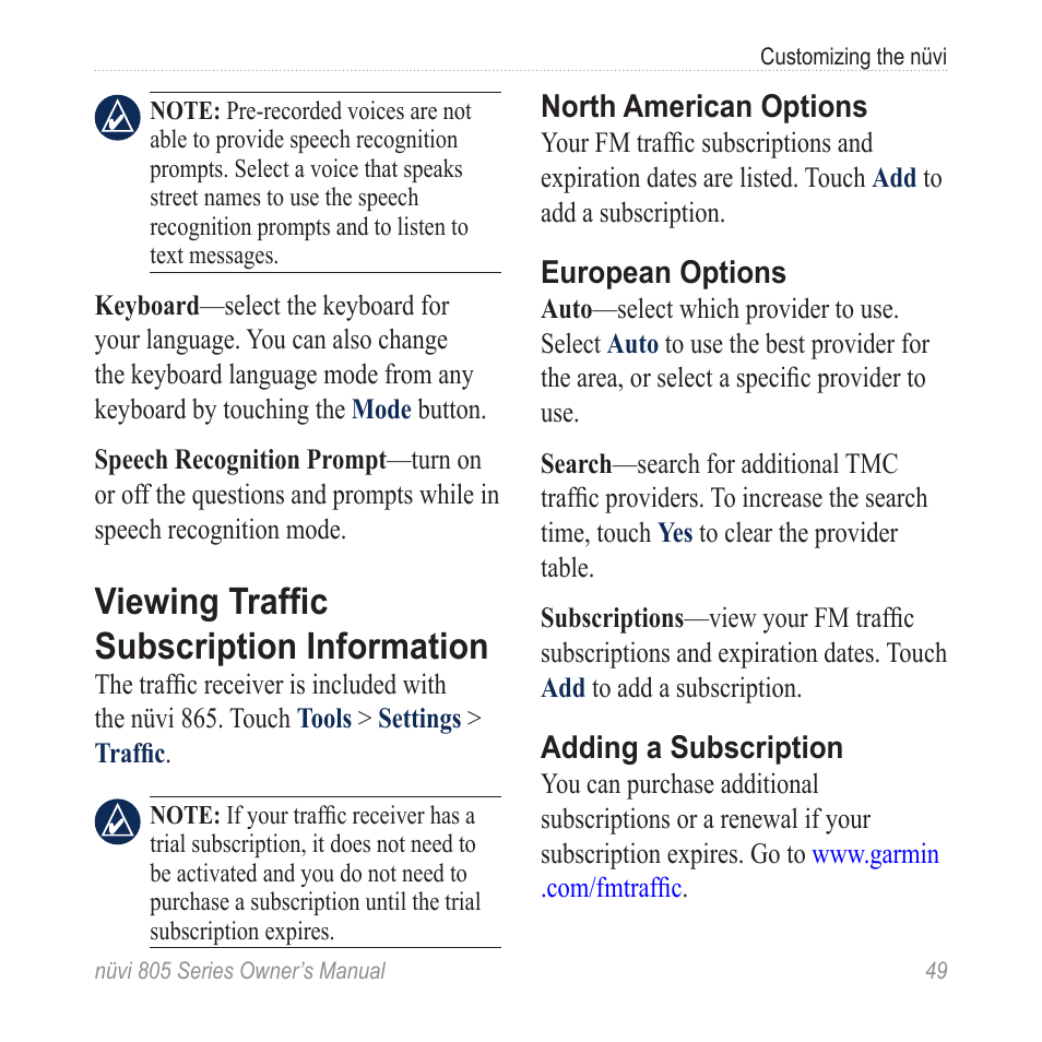 Viewing traffic subscription information, Viewing traffic subscription, Information | Garmin nuvi 885T User Manual | Page 55 / 76