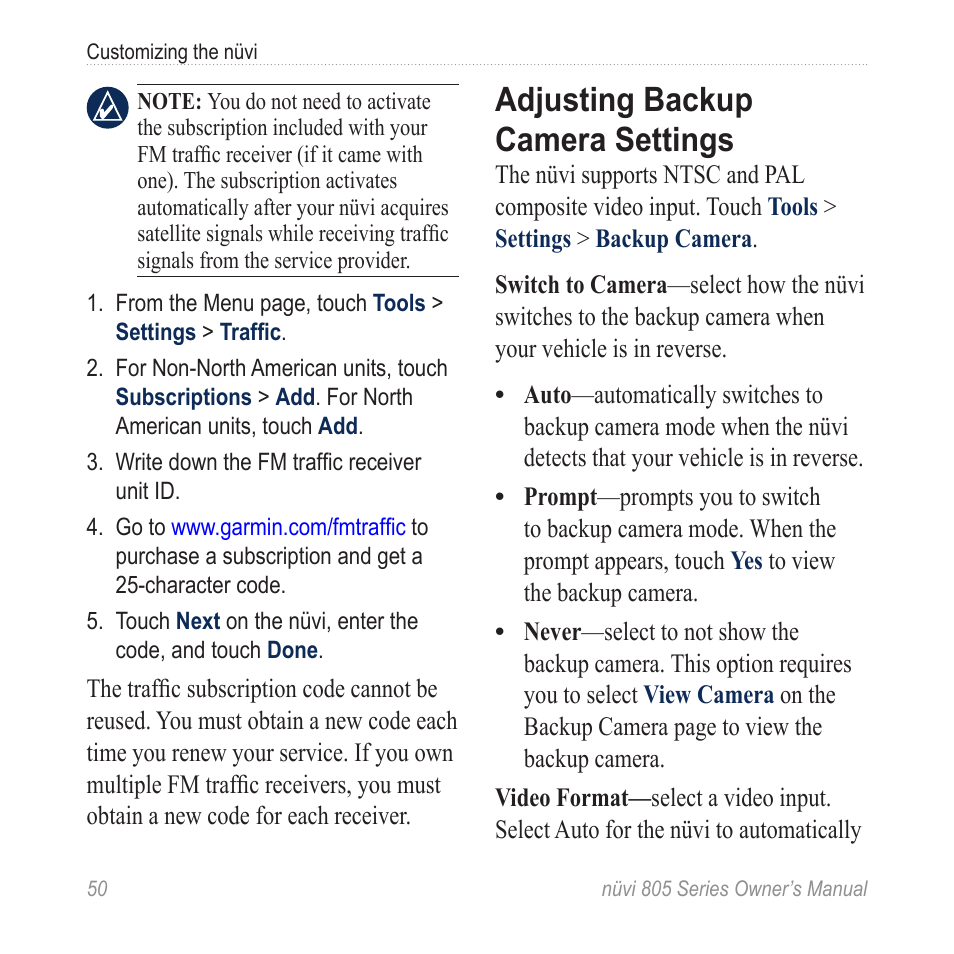 Adjusting backup camera settings, Adjusting backup camera, Settings | Garmin nuvi 885T User Manual | Page 56 / 76