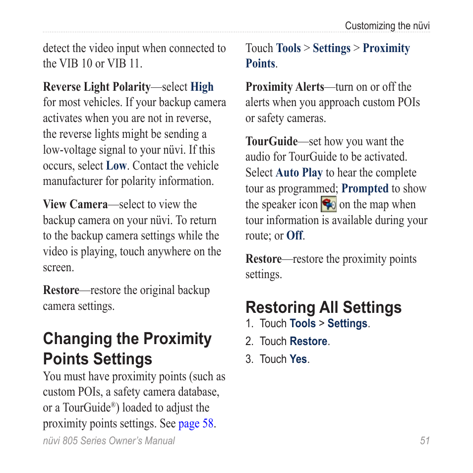 Changing the proximity points settings, Restoring all settings, Changing the proximity points | Settings | Garmin nuvi 885T User Manual | Page 57 / 76
