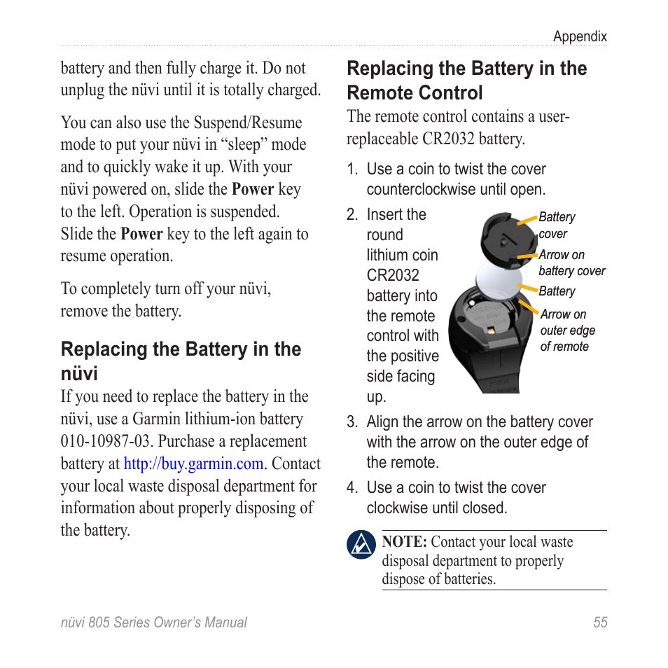 Replacing the battery in the nüvi, Replacing the battery in the remote control | Garmin nuvi 885T User Manual | Page 61 / 76