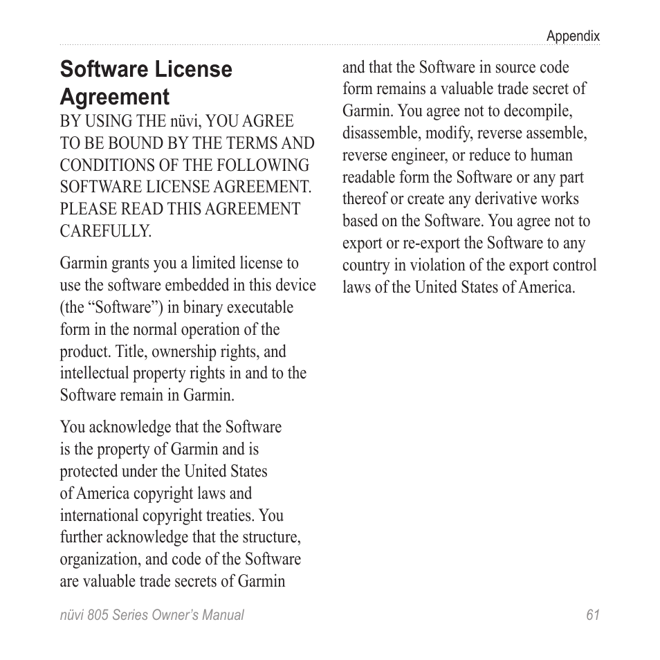 Software license agreement | Garmin nuvi 885T User Manual | Page 67 / 76