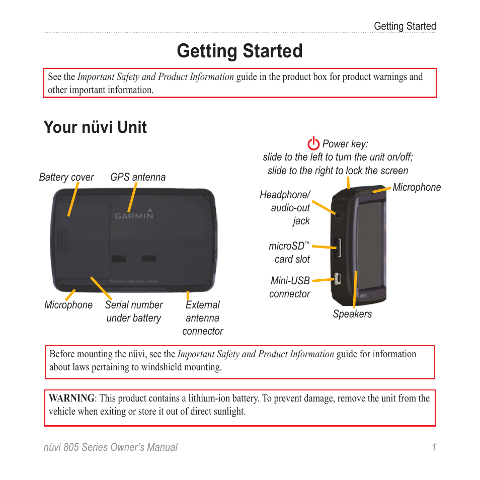 Getting started, Your nüvi unit | Garmin nuvi 885T User Manual | Page 7 / 76
