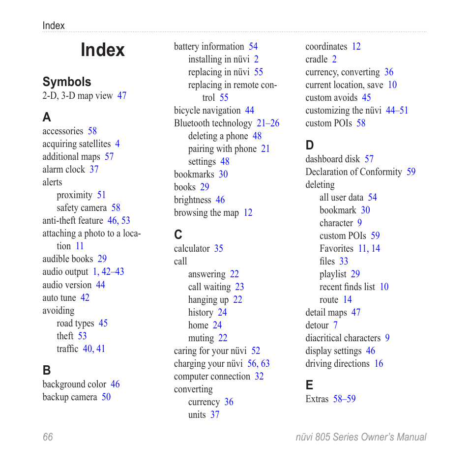 Index, Symbols | Garmin nuvi 885T User Manual | Page 72 / 76