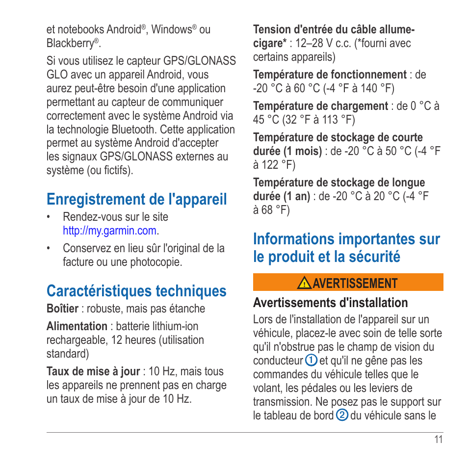 Enregistrement de l'appareil, Caractéristiques techniques | Garmin GLO User Manual | Page 11 / 76